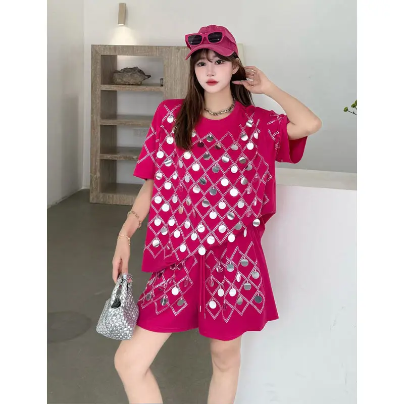 Chic Summer Women Shiny Diamonds Beaded Big Sequins T-shirt Drilling Tees Short Sleeve Crop Tops + Elastic Shorts 2Pcs Set 2025