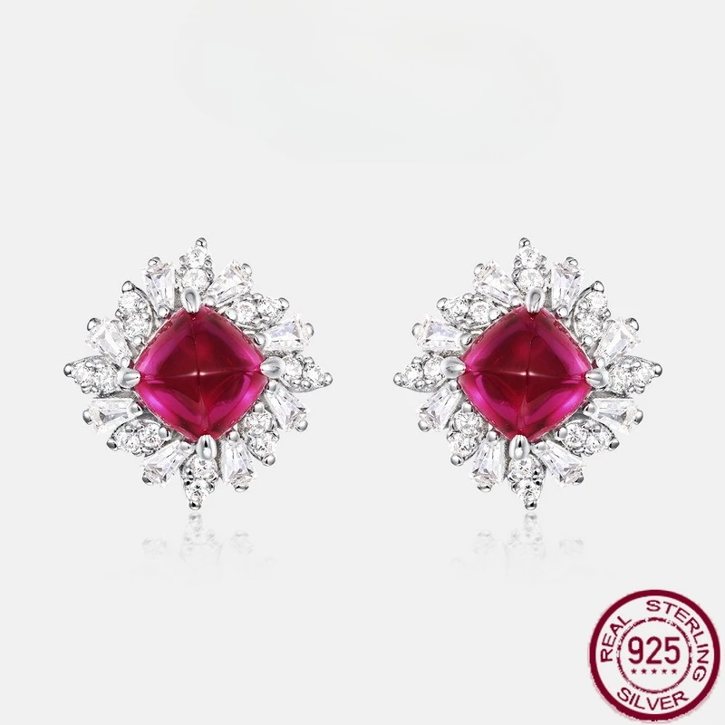 

New S925 sterling silver vintage ruby emerald sugar tower earrings, dazzling and fashionable wedding jewelry