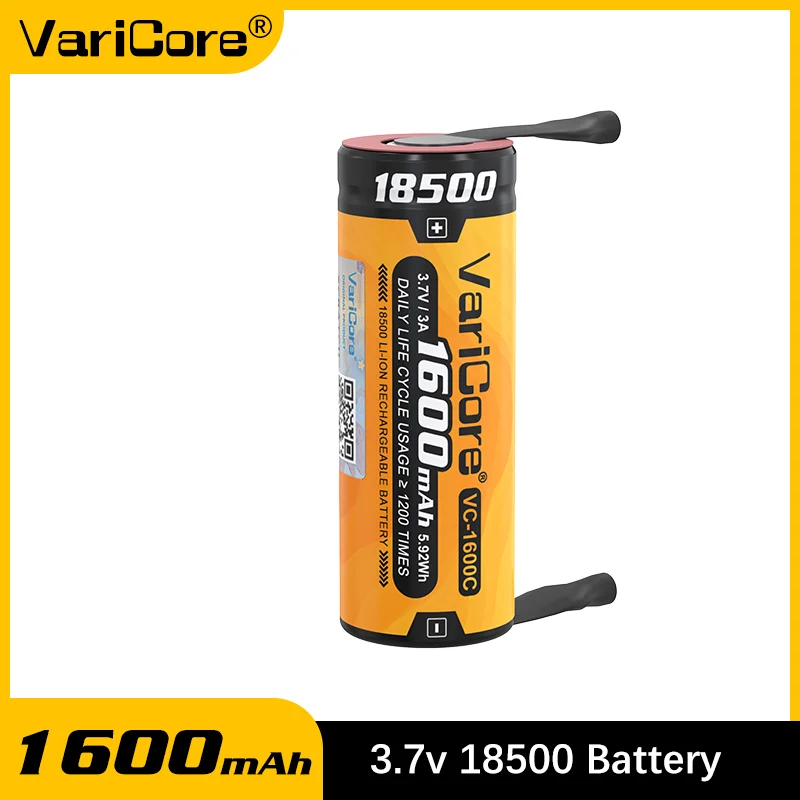 

VariCore VC-1600C 18500 Аккумуляторная батарея 1600 мАч 3,7 В с высоким стоком, 3 А, литий-ионный разряд, безопасный, сертифицированный CE