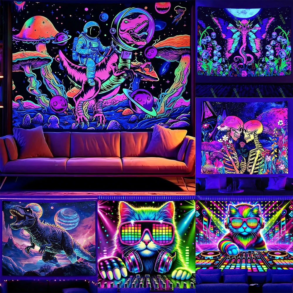 

Glow-in-the-Dark Tapestries with Astronauts Dinosaurs and Cats UV reaction tapestry background decoration room party decoration