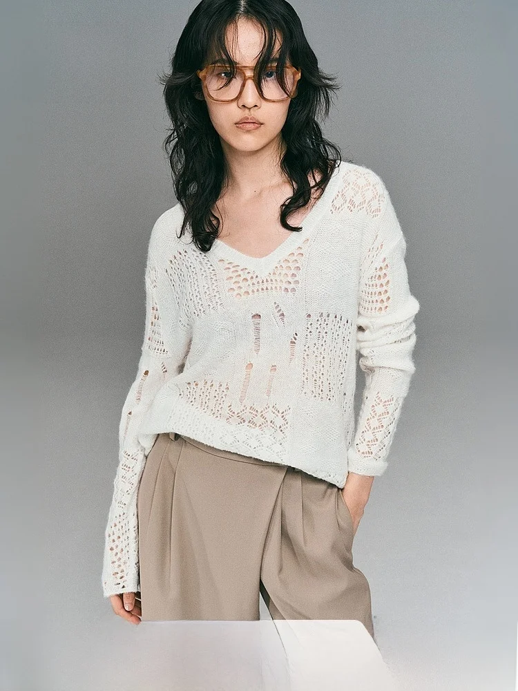 

Spring Women's V-ne Me Knitted Top Casual Fit Hollow out Wool Blend H&M 396 Comfortable Breathable Faionable