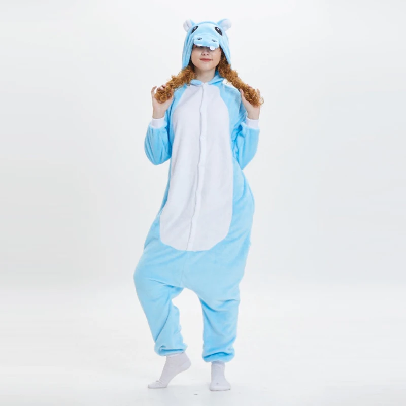 Cute Blue Hippopotamus with long tail Hooded Flannel One-piece Hooded pajamas Button Onesie Couple Comfortable Leisure wear