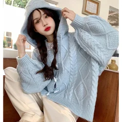 Autumn Winter Bull Horn Button Hooded Sweater Cardigan Women Blue Long Sleeve Knitted Coats Casual Loose Jackets New Tops Female
