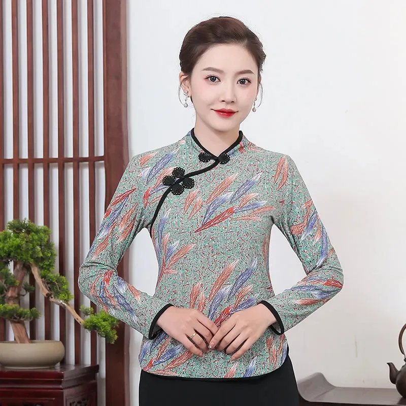 Long Sleeves T-Shirt Small Shirt Thin Women's Tops Disc Buckle New Mother Spring Autumn Retro Printing Ladies Bottoming Shirt