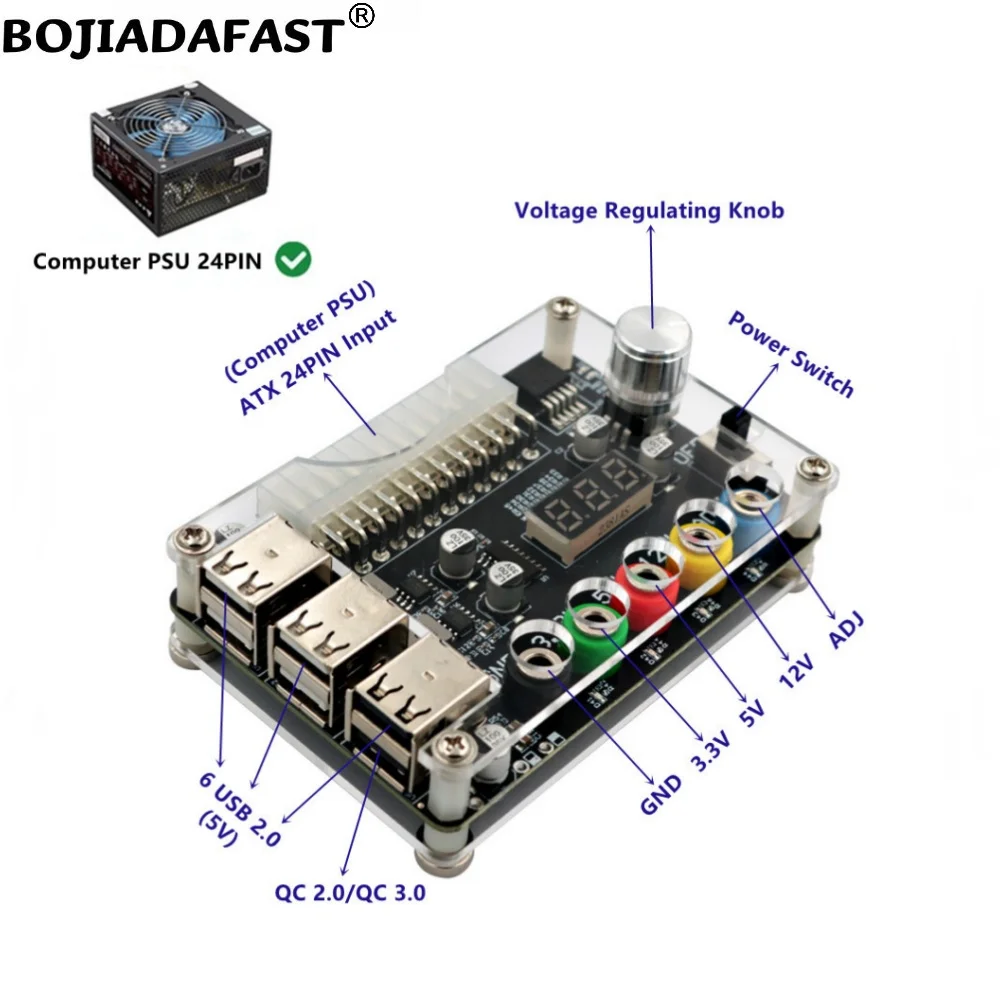 ATX-調整可能な電圧ノブ付きアダプタブレークアウトボード,usb 2.0コネクタ,24ピンから6 x,qc 3.0,3a出力をサポート