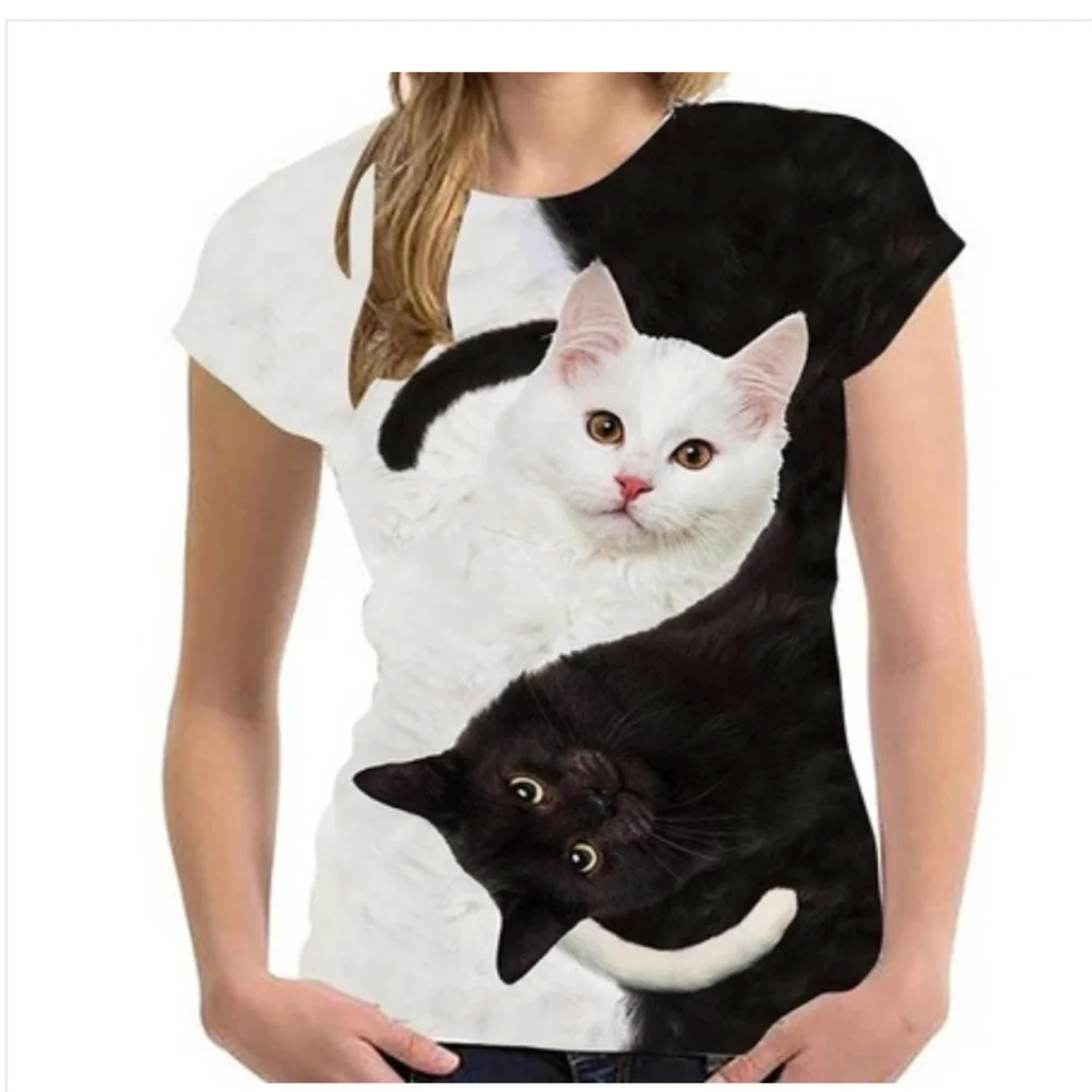 

2025 new men and women's cool fashion quick-drying T-shirts two cats printed 3d round neck short sleeves summer outdoor sports c