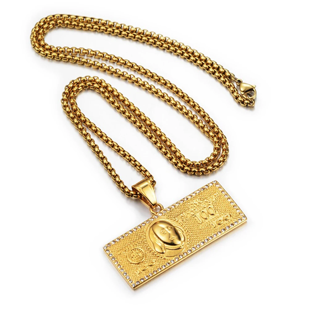 

Hip Hop Iced Out Bling Money $100 Dollar Pendant Male Gold Color Stainless Steel Rapper Big Necklace for Men Hippie Jewelry Gift