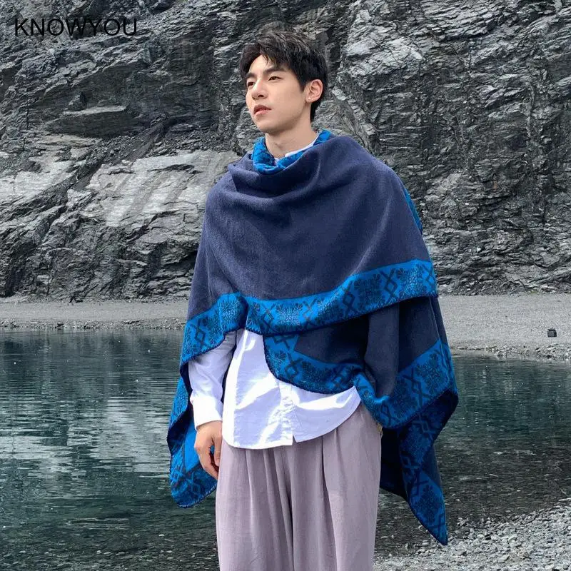 Imitation Cashmere Cloak Male Acquard Scarf Versatile Triangle Jacket 135*150Cm Ponchos Adult Pashmina Cape Loose Coats