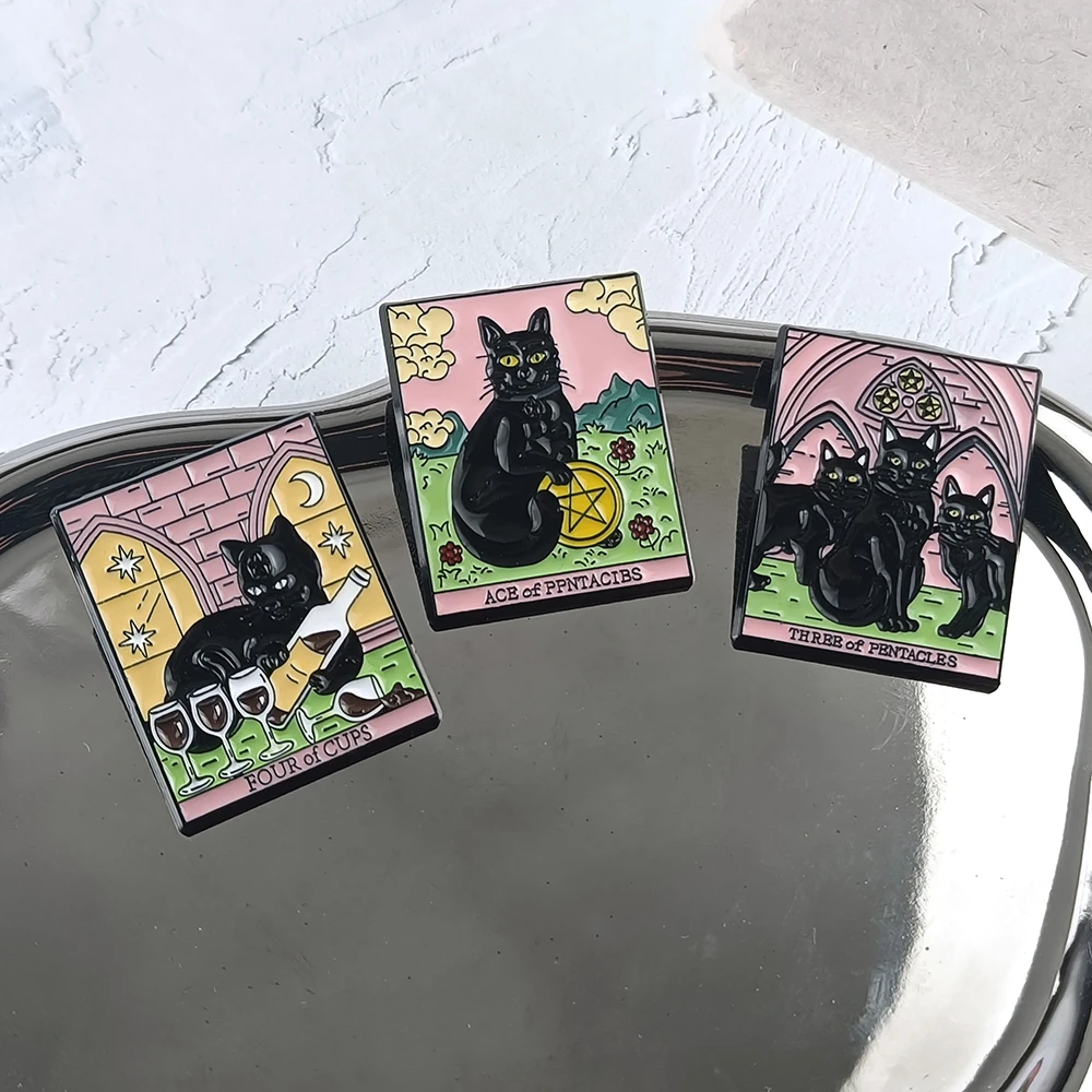 Black Cat Tarot Card Enamel Pins Gothic Witchy Lapel Badges Punk Brooches, Aesthetic Jewelry Accessories for Backpacks Jackets