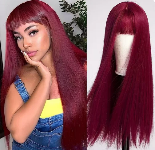 Best-selling fashion wig female wine red long straight hair synthetic fiber high temperature silk whole mechanism head set