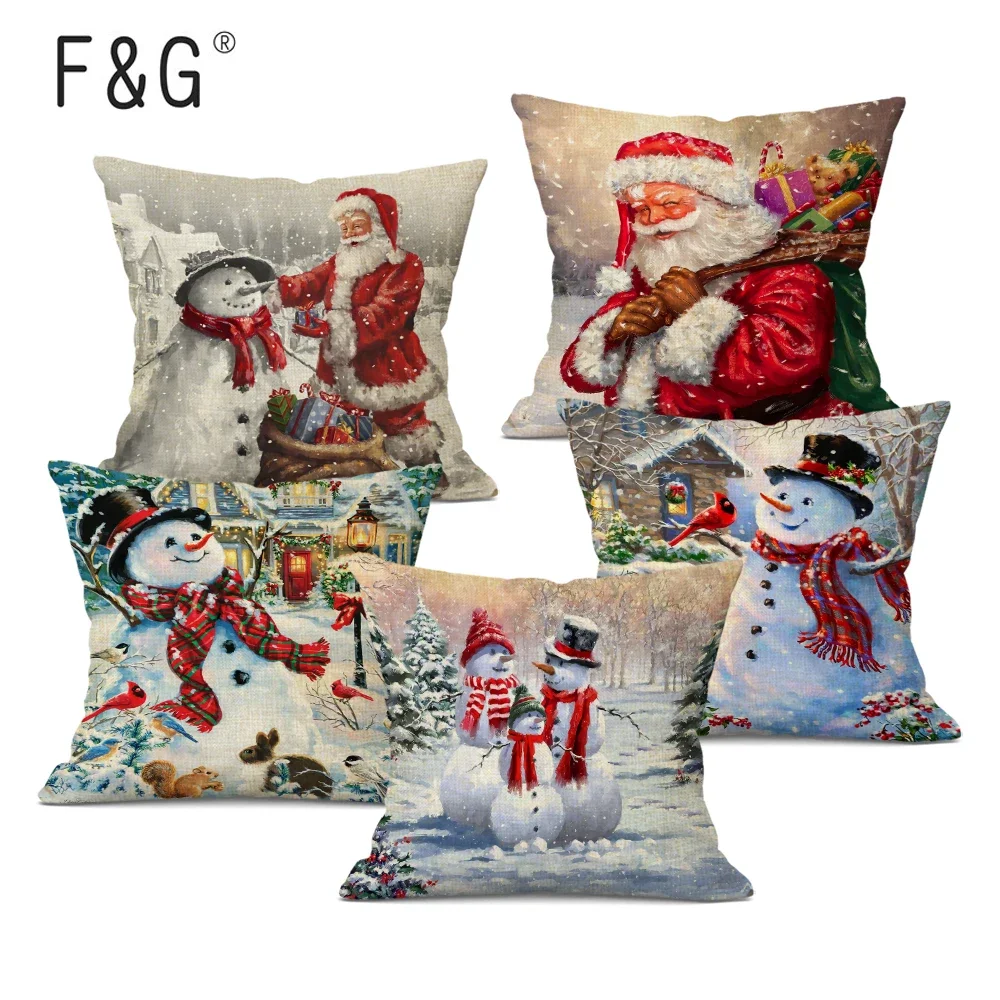 Merry Christmas Cushion Covers 45x45cm Snowman Santa Printed Pillow Cover Linen Pillowcase for Home Decor