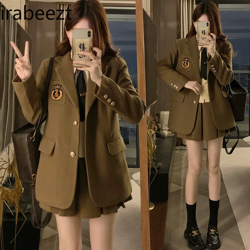 College Style Clothing Autumn and Winter Uniform British Style Autumn Casual Suit for Women Female Blazer Sets with Skirt