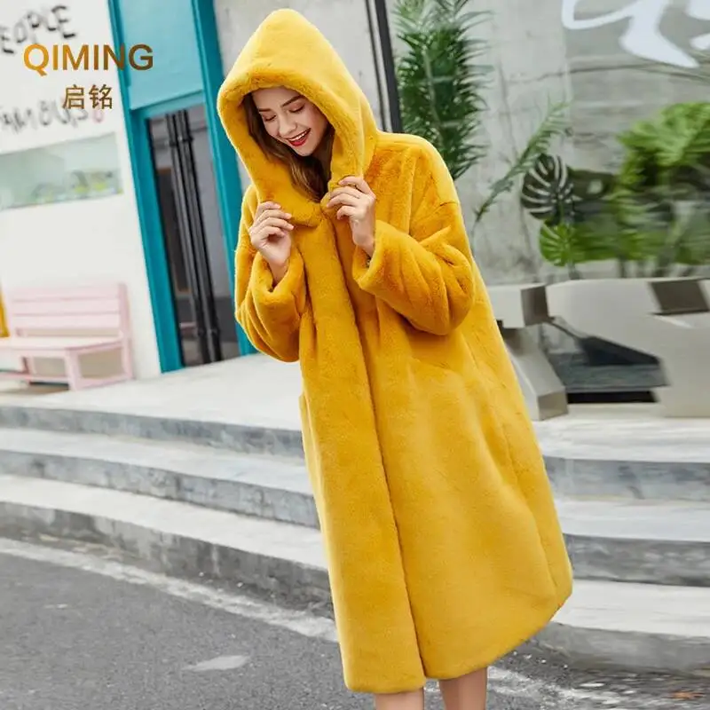 Winter Women Faux Rabbit Fur Coat Luxury Long Fur Coat Hooded OverCoat Warm Plus Size Female Plush Woman Coats Fluffy Jacket - view 3