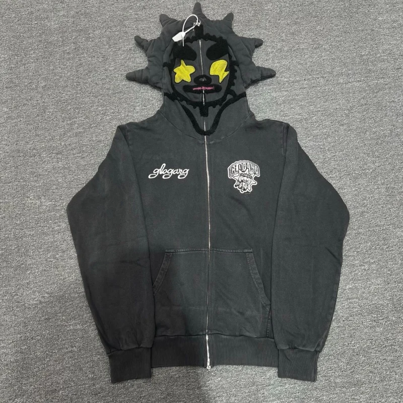 Men Oversized Spiked Face Hoodie Y2K Glo Gang Streetwear Full Zip Embroidered Hip Hop Sweatshirt
