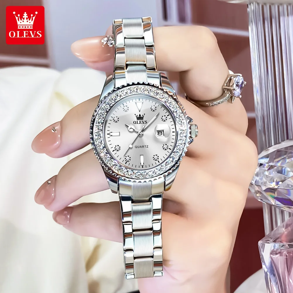 OLEVS 9945 Women Quartz Watch Brand Luxury Diamond Circle Automatic Calendar Watch Stainless Steel Waterproof Elegant Girl Watch