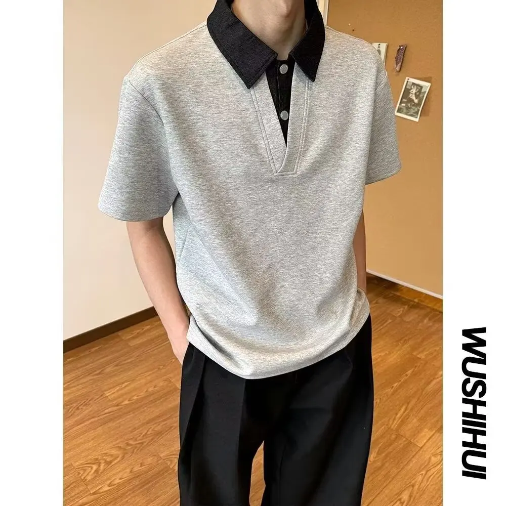 

American Style Collar Short Sleeve T-Shirt Men Women Summer High Sensation Splice Turn-down Collar Fake Two-pieced Shirt