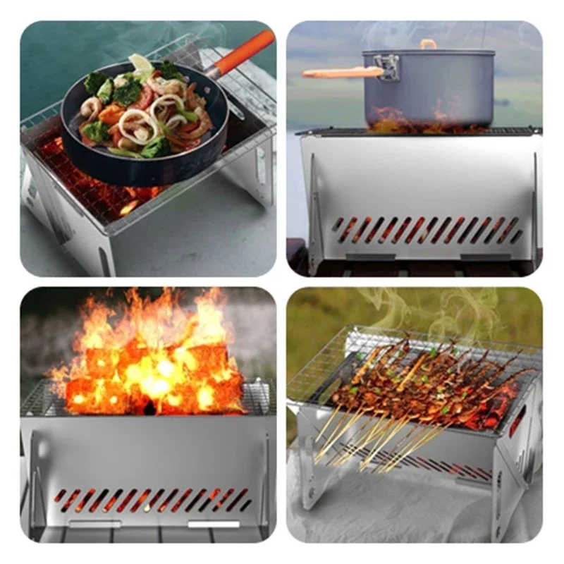 Grille Barbecue Grid Wood Stove Multifunctional Camping Barbecue Grill Heating Furnace Folding Tourist Grill BBQ Charcoal Dining