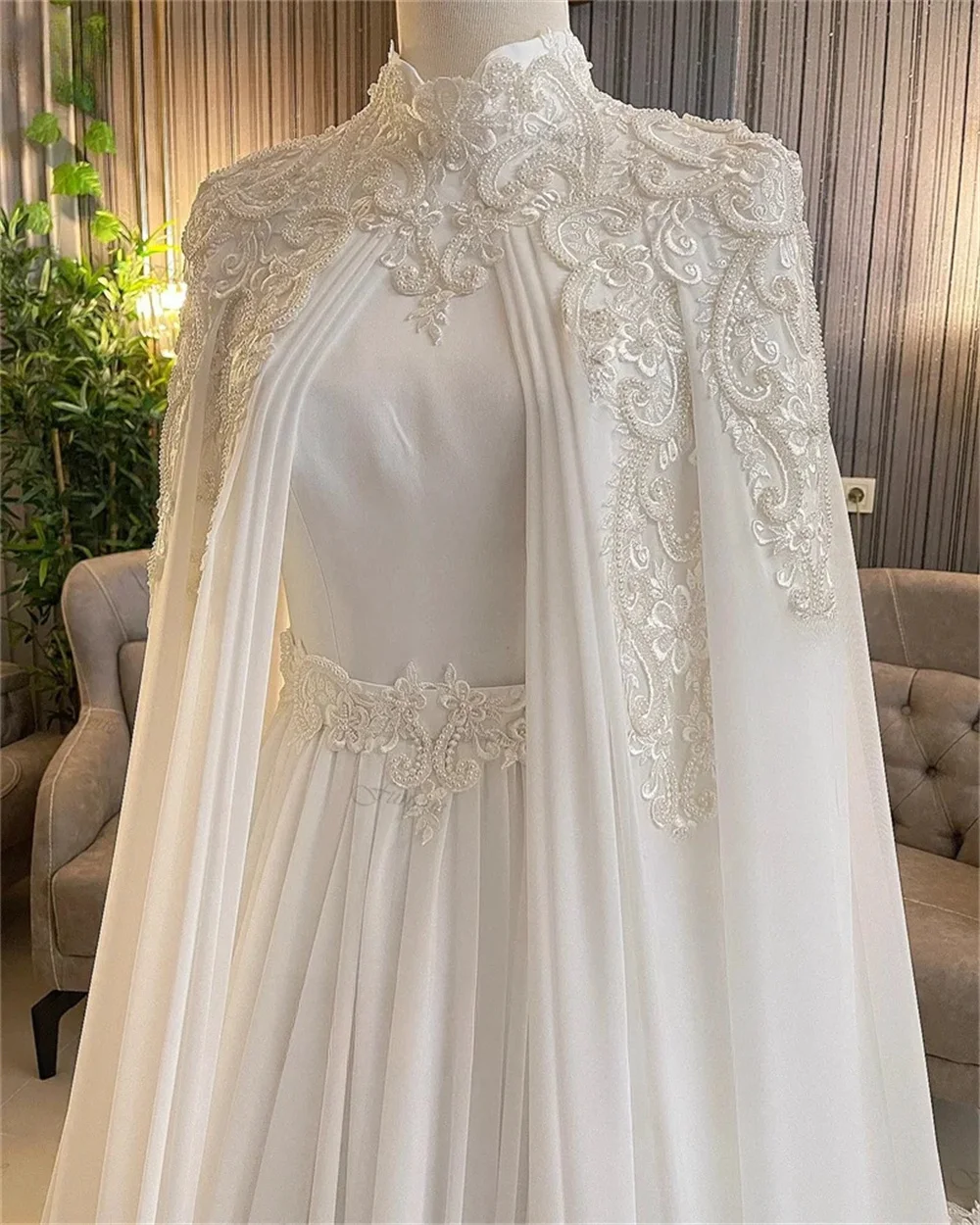 Bella Luxury White Long Sleeve Wedding Dress Chiffon A-line Customized vestidos de fiesta Pearl Detachable Shawl فساتين سهرة