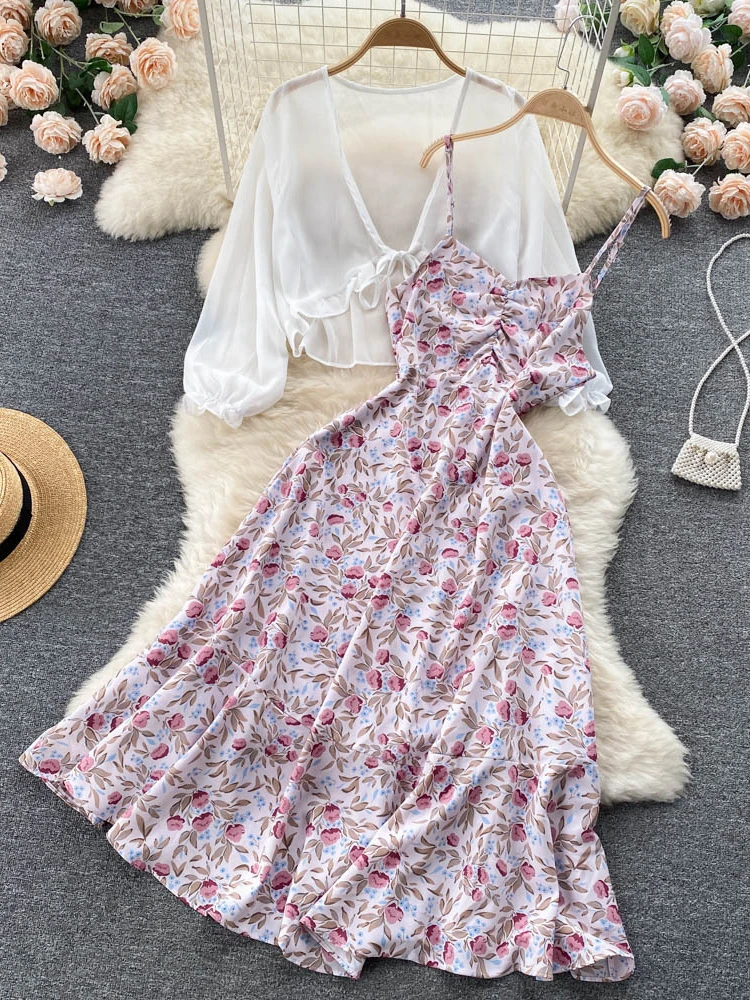 女性の夏の花のドレス,休暇のスタイル,シフォンの日焼け止めシャツ,一時停止されたドレス,人気の2ピースセット