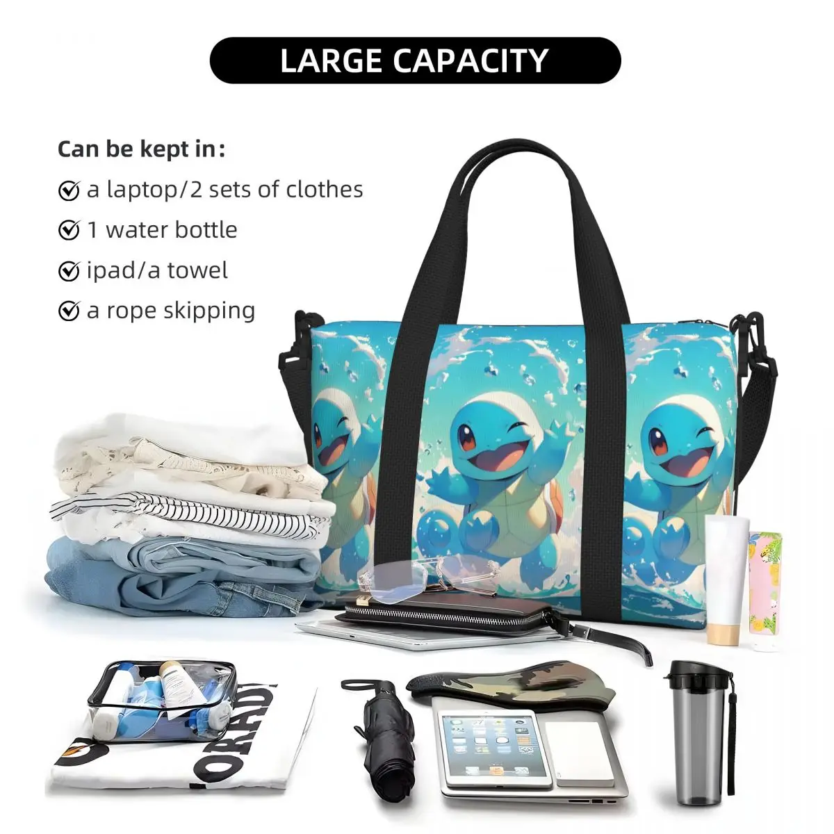 Custom Squirtles Tote Bag Women Big Capacity Anime Gym Beach Travel Bags