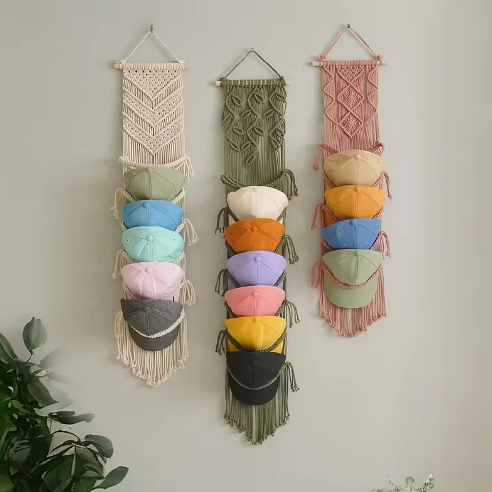 

Вешалка для шляп макраме, органайзер для бейсбольной кепки в стиле бохо, настенный подвесной органайзер для коллекции, вешалка для кепок ручной работы, органайзер для хранения