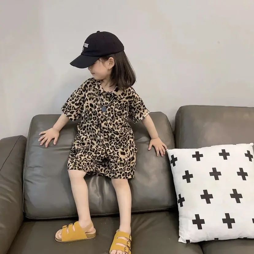 2024 Summer Girls Boys 2-8 Years Casual Leopad 2pcs Suit Kids Clohthing Set Blouse+ Shorts