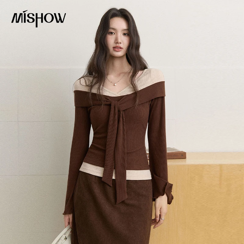 MISHOW Women's Fake Two‑Piece Knit Top 2026 Autumn V-neck Bow Tie Collar Color Block Spliced Tops Slim Thin Knitwear MXF44T3178