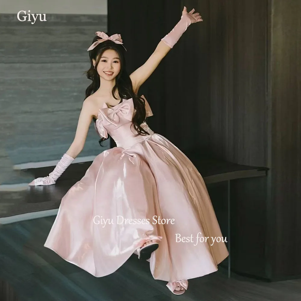 

Giyu Lovely Pink Evening Dresses for Girls Strapless A-line Bow Wedding Reception Dresses Korea Photo Shoot Dresses Custom Made