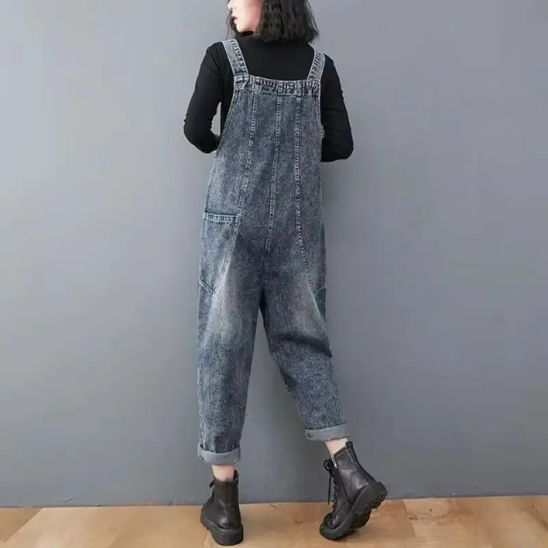 Women's Spring Denim Strap Pants SLarge Waist Slim Loose Leg Jumpsuit 2025 Summer New Fashion Overalls for Girls Jeans Woman