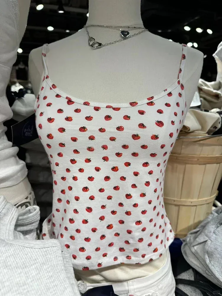 Women Strawberry Print Slim Tank Tops Summer New Cotton Sleeveless Cropped Camis Vests Sweet Girls Cute Vintage Crop Top Y2K