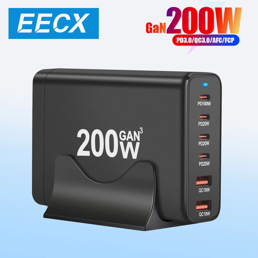 

Зарядное устройство GaN 200 Вт, 6 портов, USB Type-C PD, быстрая зарядка, USB 3.0, быстрое зарядное устройство Type-C, зарядное устройство для мобильных телефонов USB
