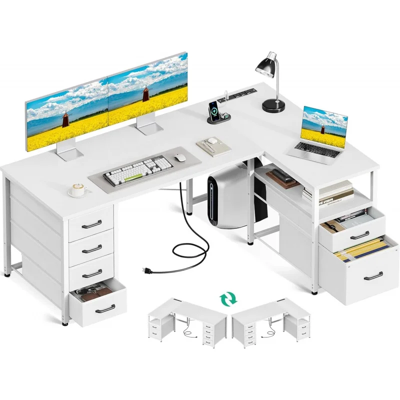 

L Shaped Computer Desk with 6 Drawers , 55 Inch Corner with Reversible Storage Shelf & File Drawer, White