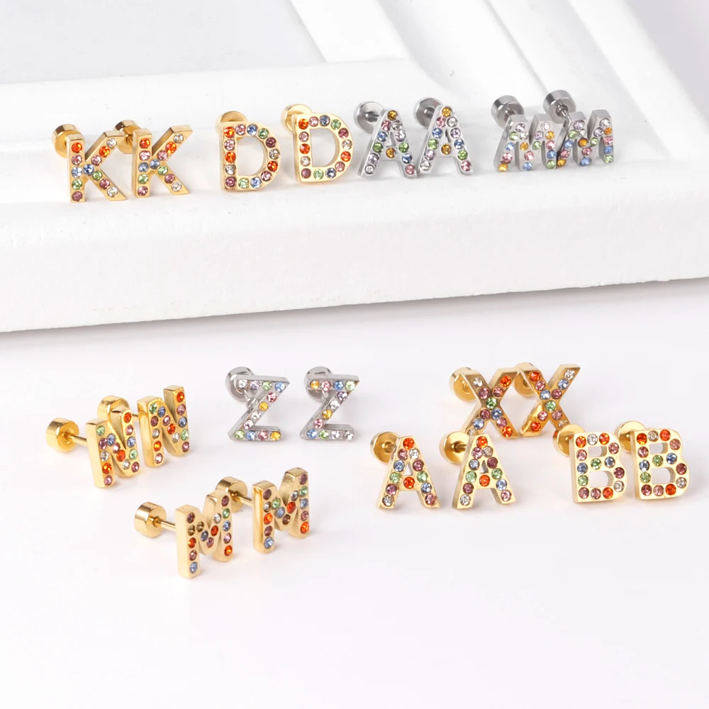 LUXUSTEEL Stainless Steel Initials Letters A-Z Stud Earrings For Women Girls Gold Color Cubic Zirconia Small Mini Earrings Gifts