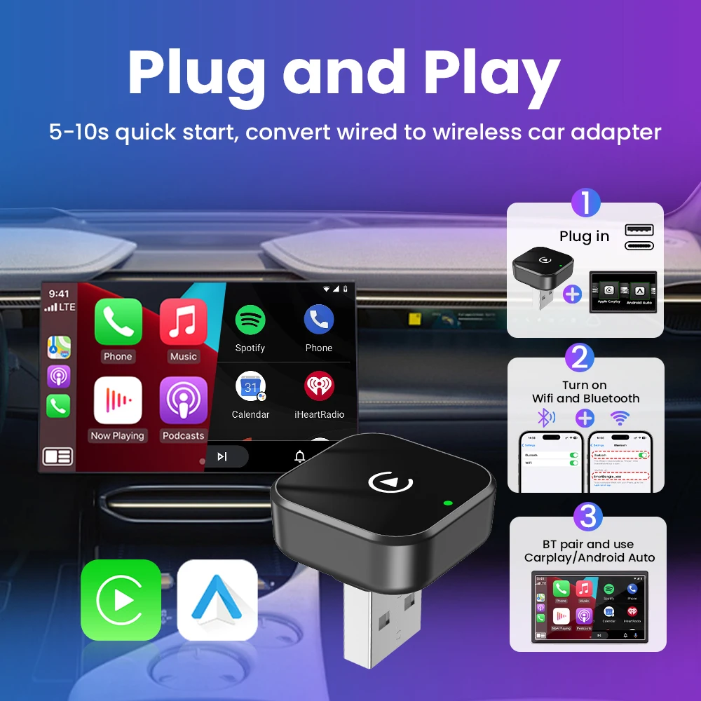 Беспроводной адаптер Carplay Android Auto Smart Dongle 2in1 2,4G и 5,8 ГГц WiFi BT Auto Connect Plug & Play для Jeep Opel MG