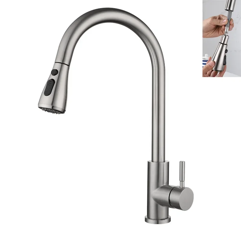 Kitchen Extendable Faucets 304 Stainless Steel Pull Out Kitchen Sink Water Tap Deck Mounted Mixer Stream Sprayer Hot Cold Taps