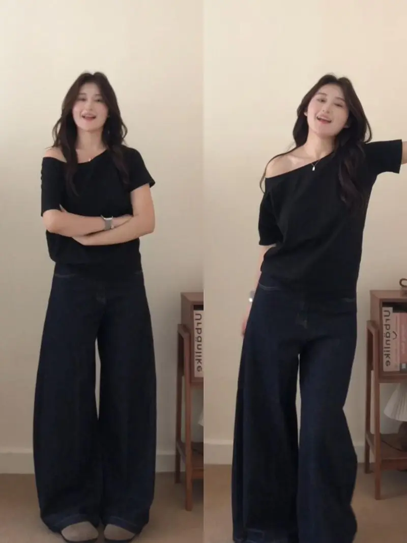 T-Shirt à épaules dénudées pour femme, haut court, édition rentrée scolaire, régulier, polyvalent, classique, solide, agrafes, garde-robe, essentiel pur