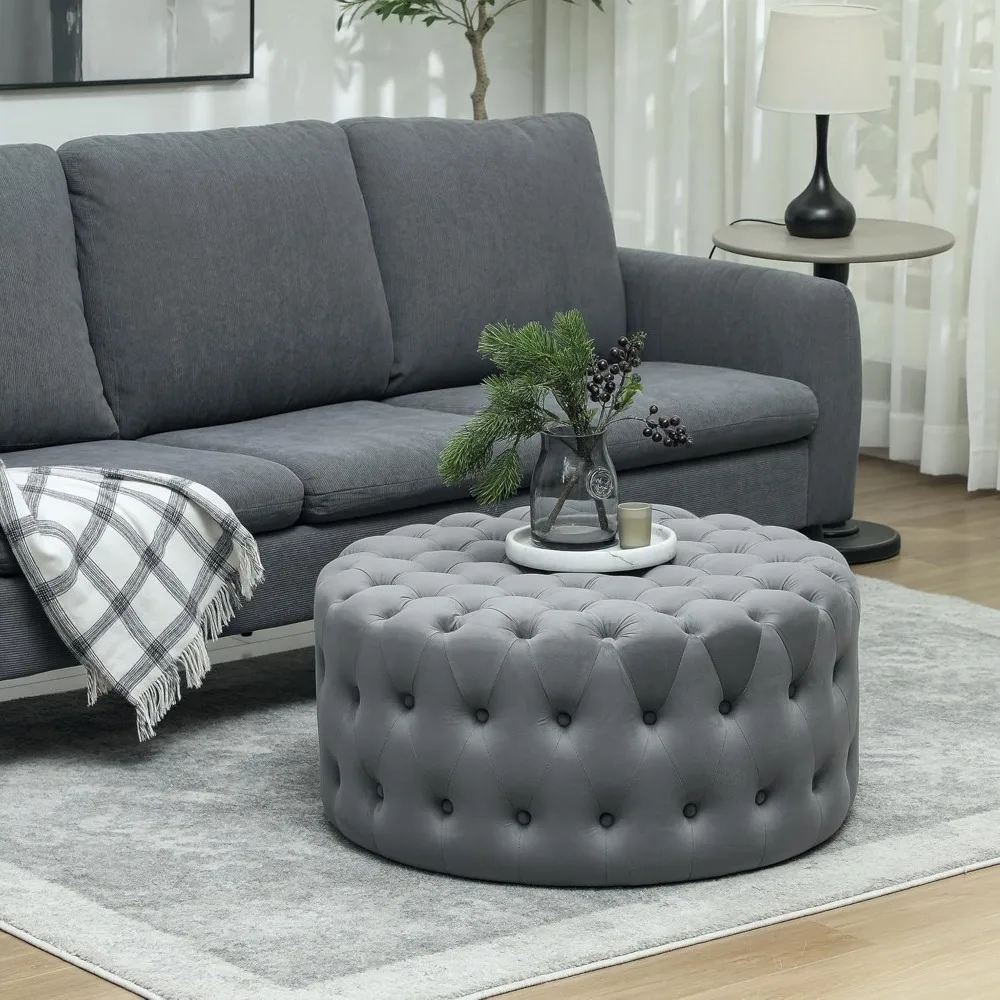 

31.5" Round Ottoman, Large Velvet-Feel Upholstered Foot Stool with Button Tufted Design and Padded Seat for Living Room