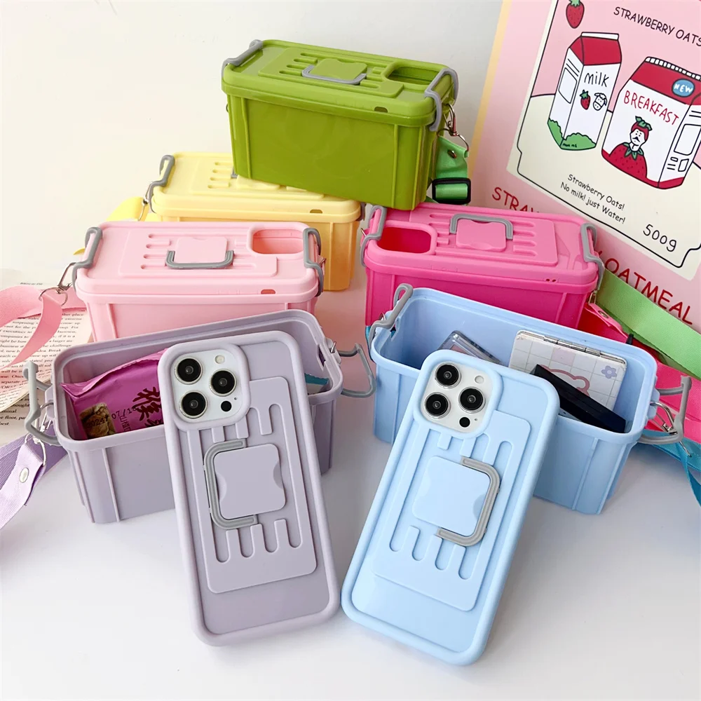 

Cute Macaroon Color Crossbody Phone Case For iPhone 16 15 14 Plus 13 12 11 Pro Max Lady Soft Lanyard Storage Box Backpack Cover