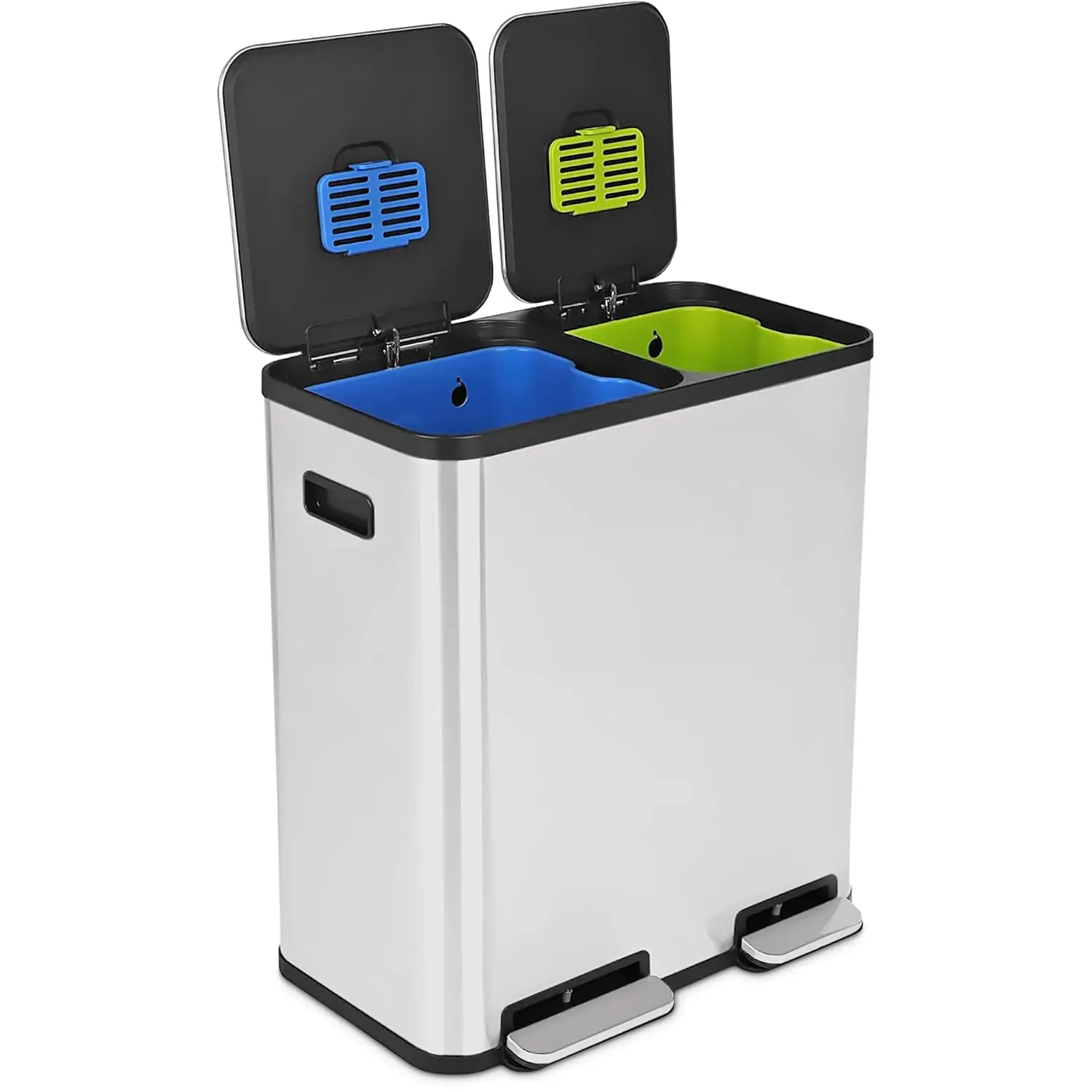 70 Liter / 18.5 Gallon Rectangular Hands-Free Dual Compartment Recycling Kitchen Step Trash Can with Soft-Close Single Lid, Stai