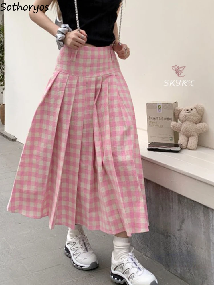 

Skirts Women Plaid Folds Simple Sweet All-match Daily Spring Creativity Basics Korean Style Casual Stylish Tender Ladies Elegant