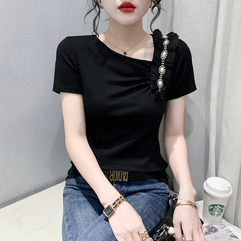 MadBlack-Women's European T-Shirt, Sexy Skew Collar Ruffles Diamond, Streetwear Short Sleeve Slim Tee, 2025 Summer New T52939CC