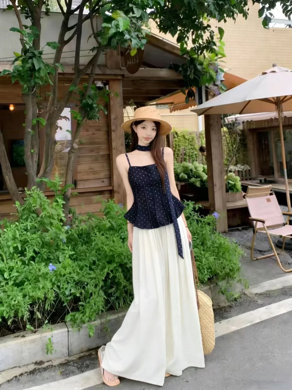 

plus Size Polka Dot Halter Top And Skirt Set for Shorter Women Anti-Aging Summer Fashion Ensemble Lightweight round Neck Slee...