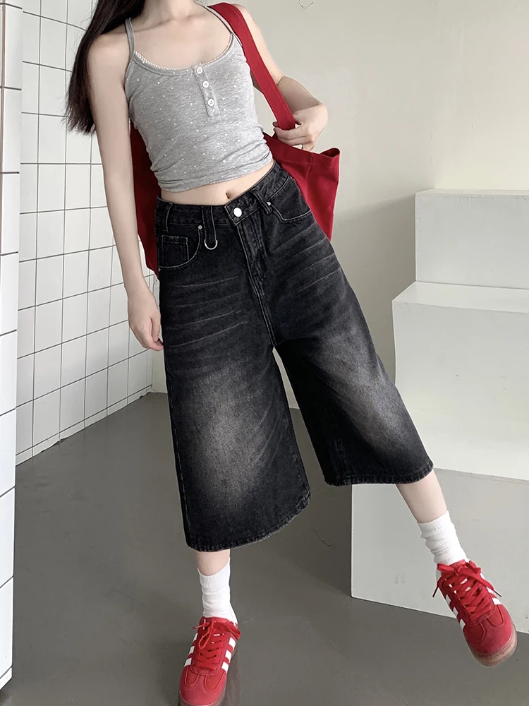 Retro-gewaschene Vintage-Jeans mit weitem Bein, 2025, Sommerfrauen, neue hohe Taille, schlankmachende, vielseitige, lockere Mode, fünf kurze Hosen