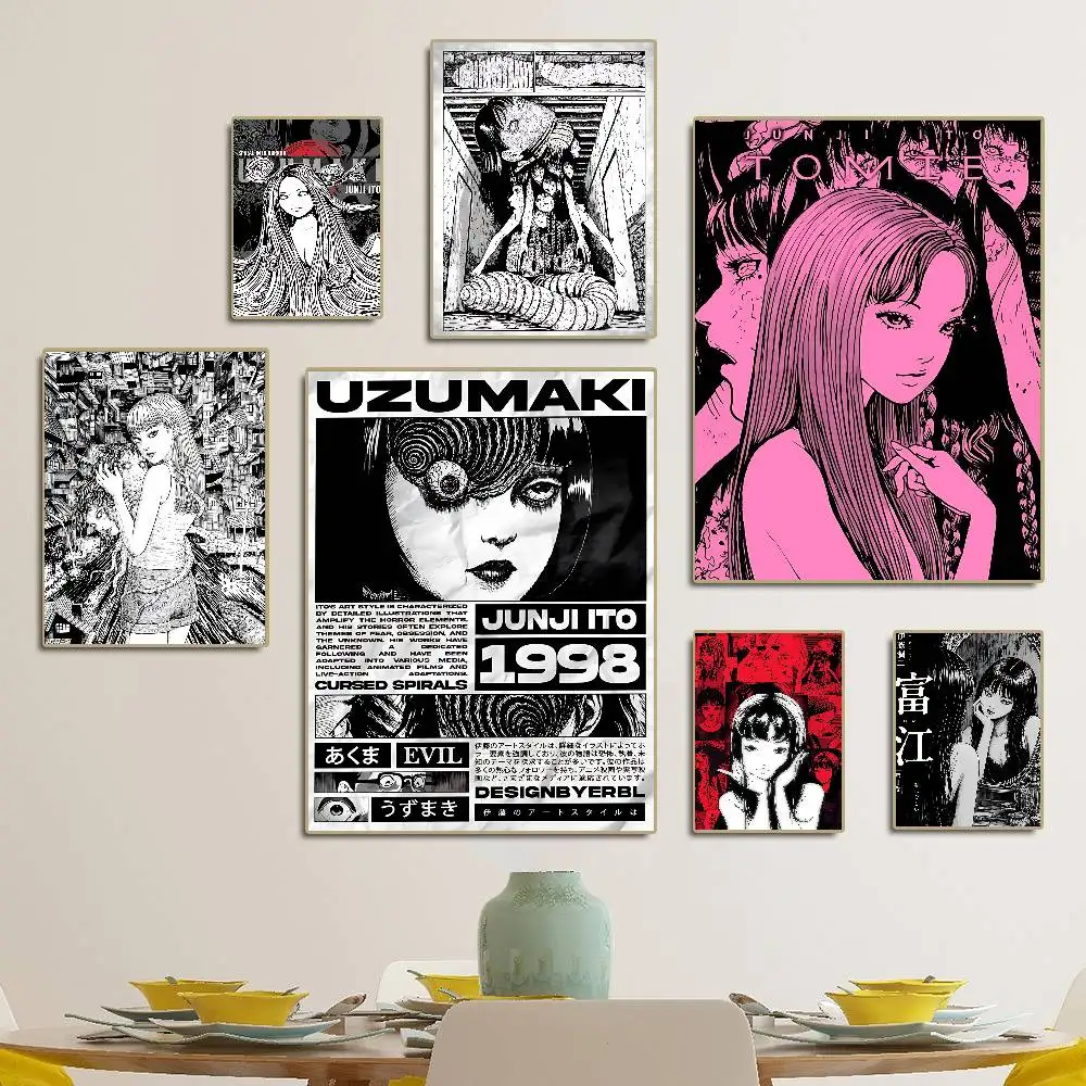 Junji Ito Tomie Retro Self-adhesive Art Poster Fancy Wall Sticker for Living Room Bar Decoration Vintage Decorative Painting