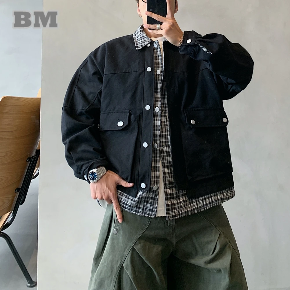 

Mens American Vintage Plaid Patchwork Faux Two Piece Work Jacket Oversized Lapel Streetwear Hip Hop Spring Autumn Casual Coats