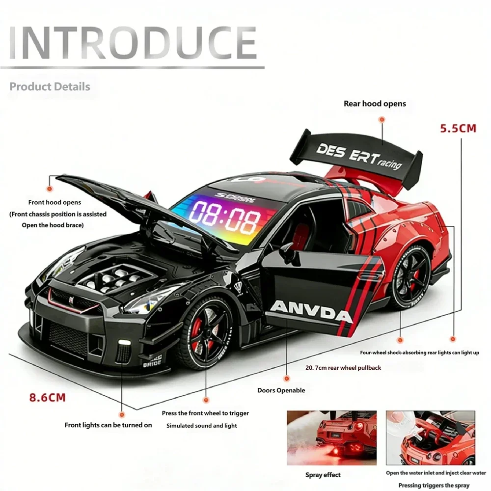 Simulated Metal Sports Car LED Display Clock Adjustable Engine Roar Sound With Mist Sprayer Creative Desktop Ornament