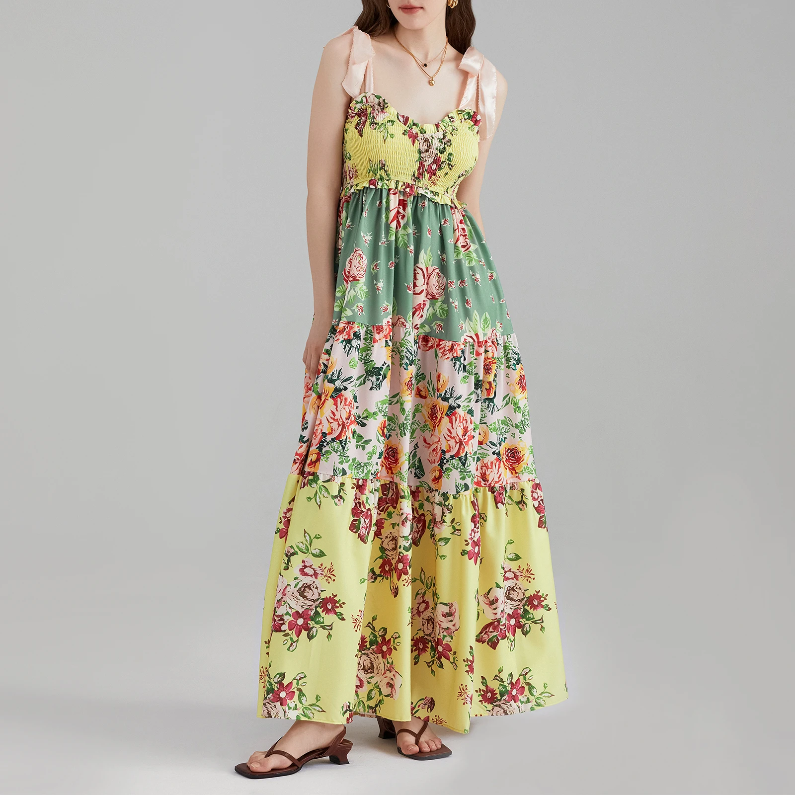 Vrouwen Zomer Retro Esthetische Jurken Flowy Maxi Jurk Mouwloze Stropdas Schouder Boho Jurken Y 2K Fairy Bloemen Strand Overgooiers