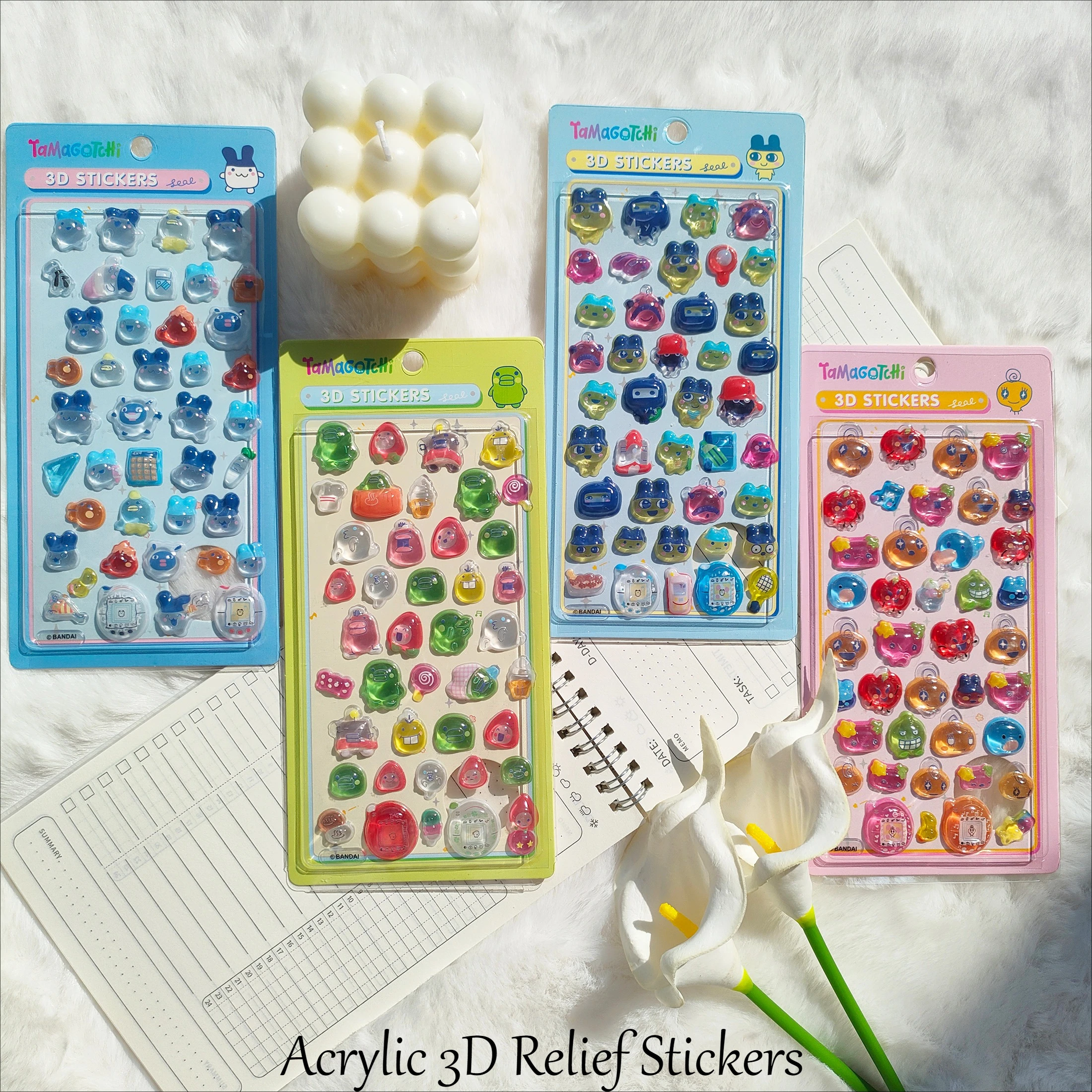 Acrylic Tamagotchi 3D Relief Crystal Stickers Transparent Cute Cartoon DIY Decor For Girls Kids Camera Phone Student