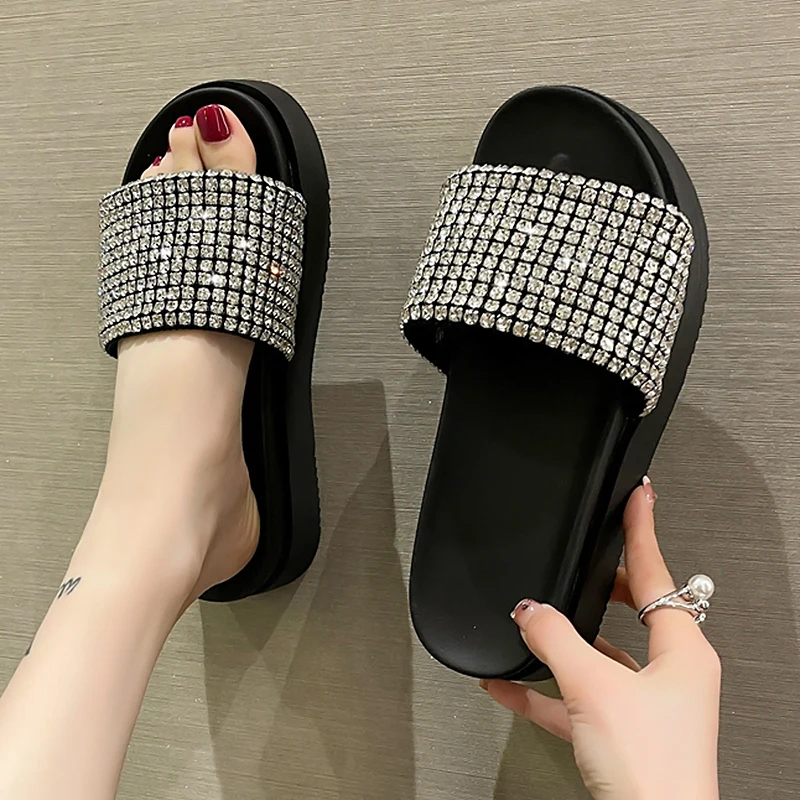 Rimocy Fashion Rhinestone Chunky Sandals Women Summer Thick Platform Wedges Slippers Woman Casual Non Slip Slide Sandals Female