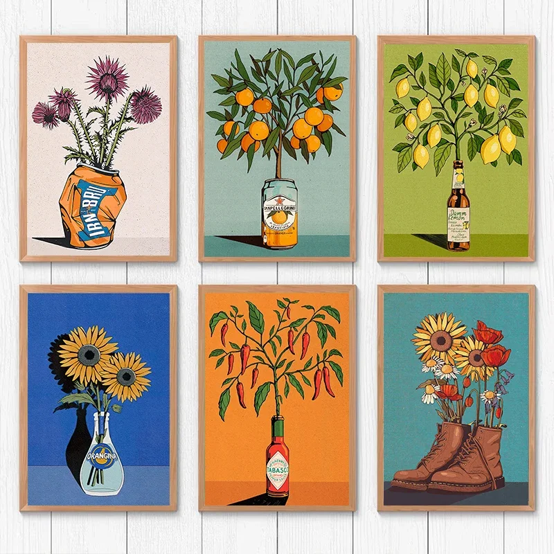 Nordic Fruit Lemon Orange Sunflowers Plants Posters Canvas Painting Vinatge Nature Wall Art Picture For Dining Room Home Deco